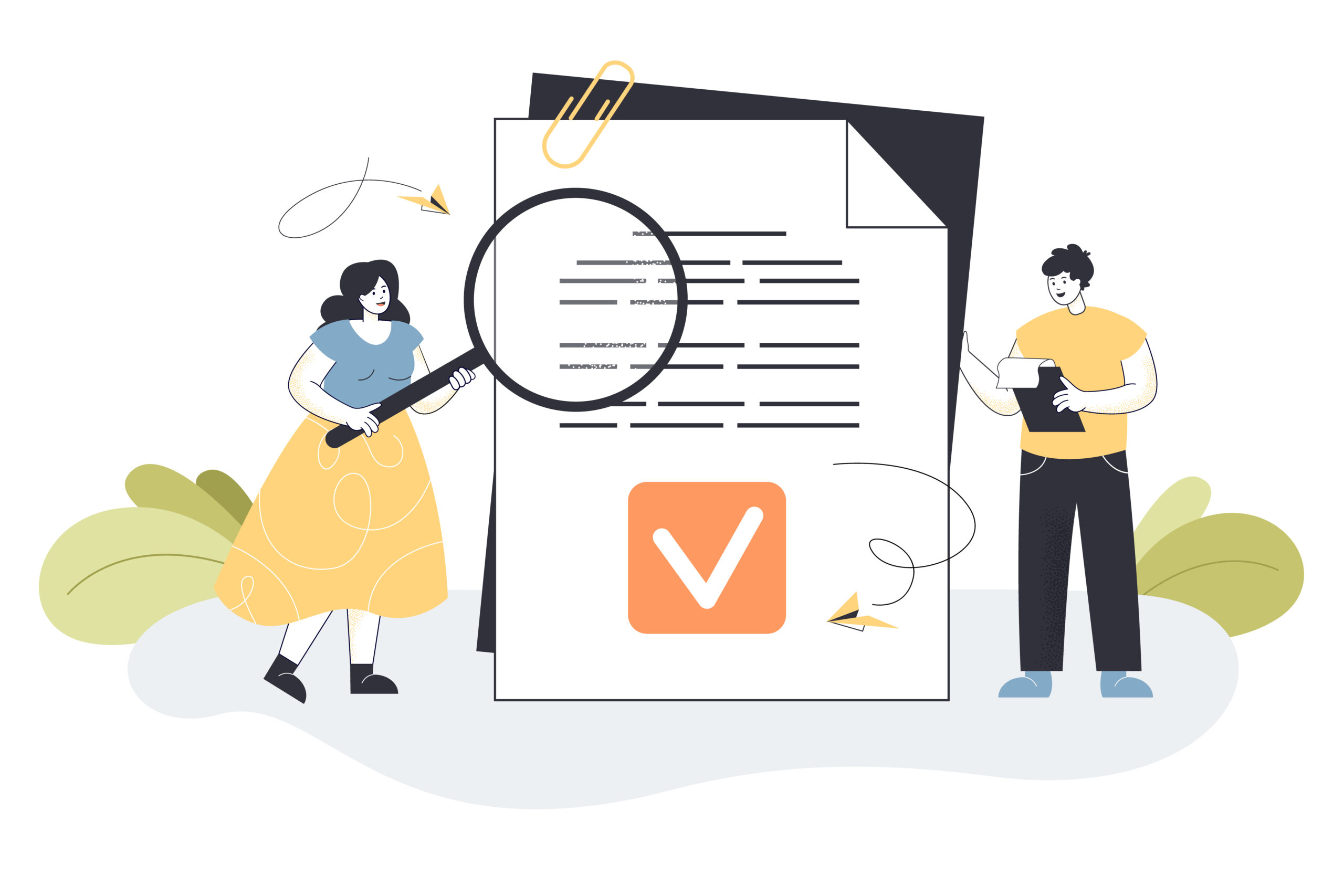Tiny cartoon business people reading legal document Tiny cartoon business people reading legal document