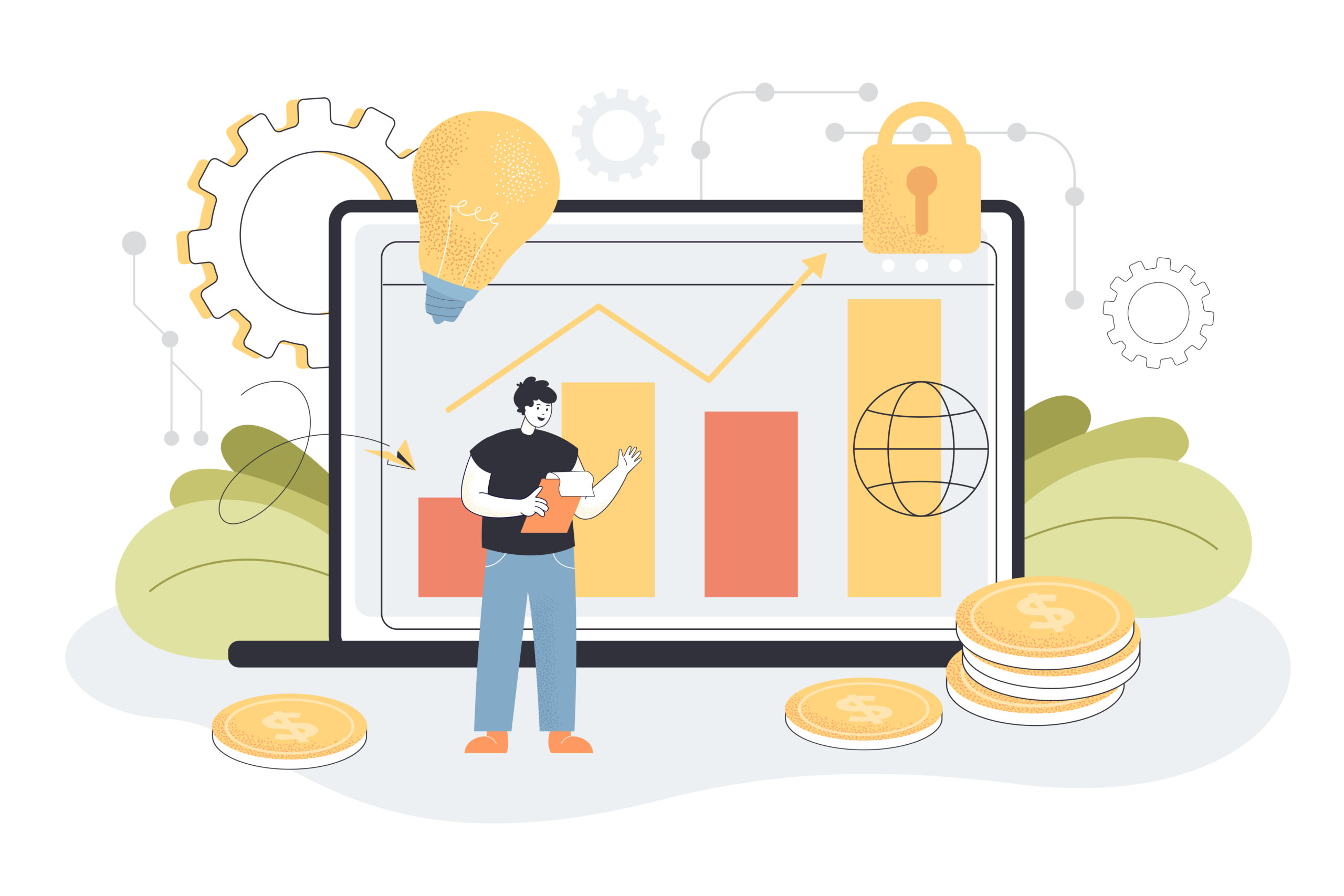 Tiny person with modern fintech or finance services method